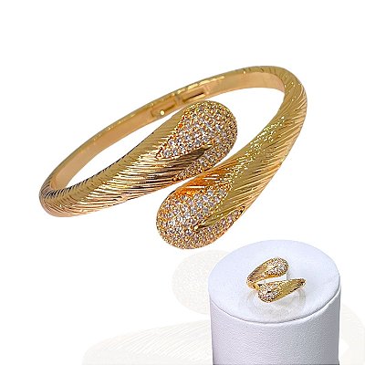 Conjunto Anel e Bracelete Folheado Ouro 18k e Prata 925 Duas Gota Meia Cravejada