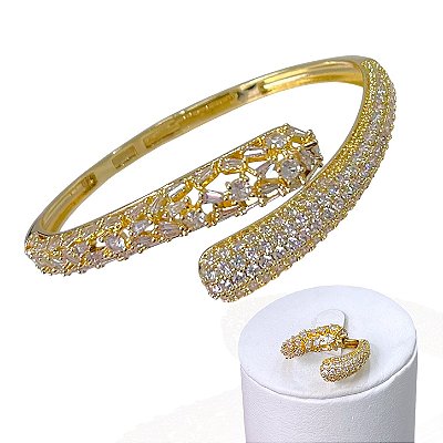 Conjunto Anel e Bracelete Folheado Ouro 18k e Prata 925 Duas Gota Cravejada