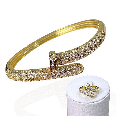Conjunto Anel e Bracelete Folheado Ouro 18k e Prata 925 Prego Cravejado