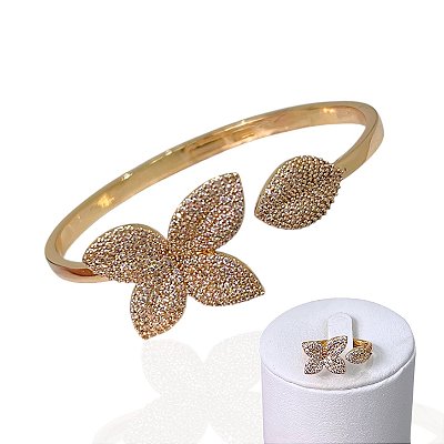 Conjunto Anel e Bracelete Folheado Ouro 18k e Prata 925 Flor Cravejada
