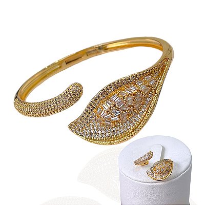 Conjunto Anel e Bracelete Folheado Ouro 18k e Prata 925 Folha Cravejada