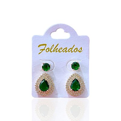 Dois Brinco Folheado Ouro 18k e Prata 925 Gota Ponto de Luz Cravejada