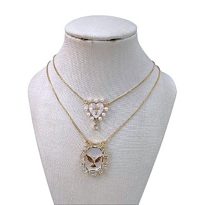 Colar Escapulário Folheado Ouro 18k e Prata 925 Espírito Santo Madrepérola Cruz Cravejada