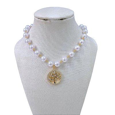 Colar Folheado Ouro 18k Pérolas Árvore da Vida Cravejada