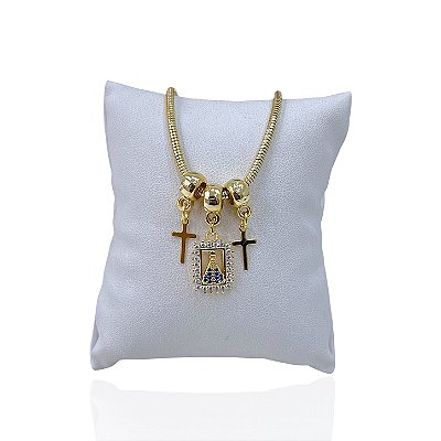 Pulseira Folheada Ouro 18k e Prata 925 Malha Nossa Senhora Cruz Cravejada