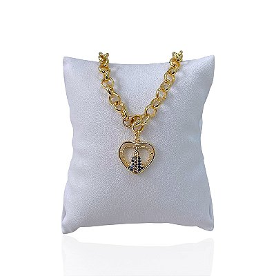 Pulseira Folheada Ouro 18k e Prata 925 Elos Nossa Senhora Coração Cravejado