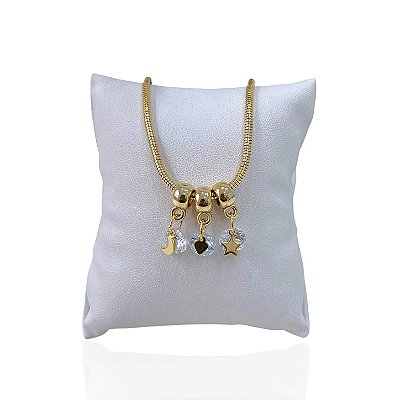 Pulseira Folheada Ouro 18k e Prata 925 Malha Lua Coração Estrela Cristal