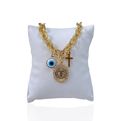 Pulseira Folheada Ouro 18k Elos São Bento Cruz olho grego
