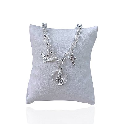 Pulseira Folheada Prata 925 Elos Espírito Santo Nossa Senhora Cruz