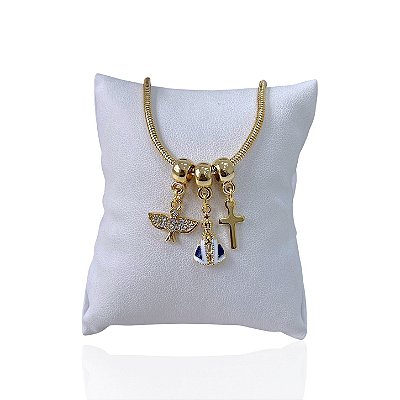 Pulseira Folheada Ouro 18k Malha Espírito Santo Nossa Senhora Cruz