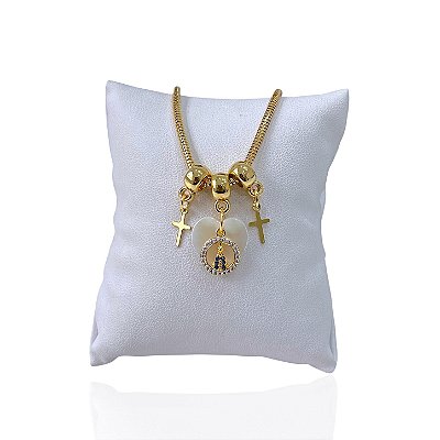 Pulseira Folheada Ouro 18k Malha Nossa Senhora Coração Madrepérola Cruz