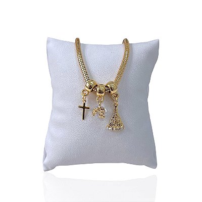 Pulseira Folheada Ouro 18k Malha Cruz Fé Nossa Senhora