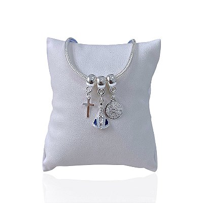 Pulseira Folheada Prata 925 Malha Cruz Nossa Senhora Pai Nosso