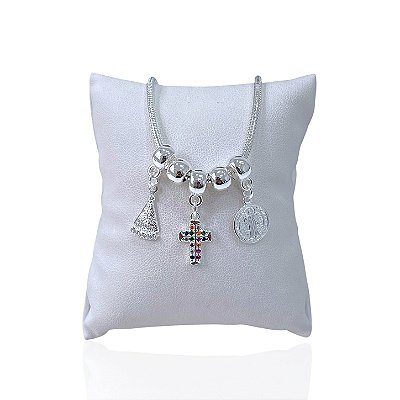 Pulseira Folheada Prata 925 Malha Nossa Senhora Cruz São Bento
