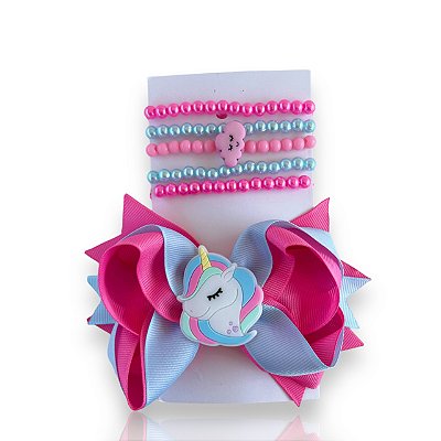 Conjunto Infantil Laço e Kit Pulseiras Unicórnio