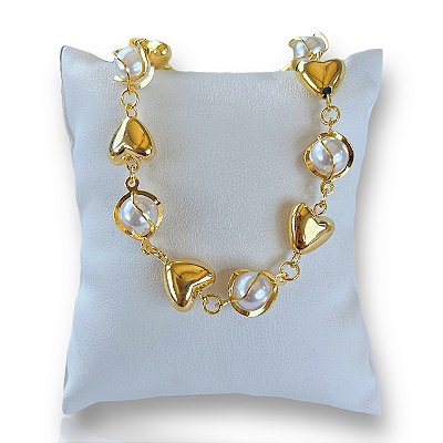 Pulseira Folheada Ouro 18k Corações Bolinhas Pérolas