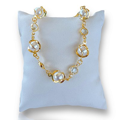 Pulseira Folheada Ouro 18k Pérolas Ponto de Luz