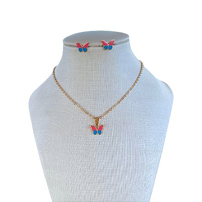 Conjunto Folheado Ouro 18k Infantil Borboleta Resinada