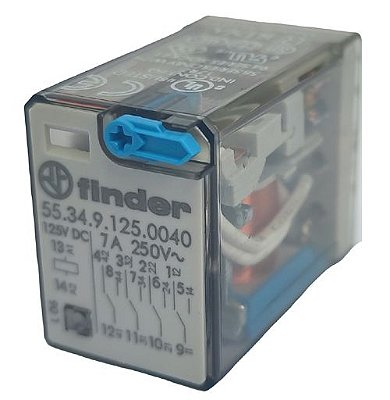 55.34.9.125.0040 MINI RELÉ INDUTIVO FIXAÇÃO EM BASE 4 CONTATOS REVERSÍVEIS 125VDC FINDER