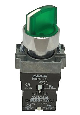 M20ICR2-G7-2A CHAVE SELETORA METÁLICO ILUMINADA KNOB CURTO 2 POSIÇÕES FIXAS 90G VERDE 24V 2NA P14479 METALTEX