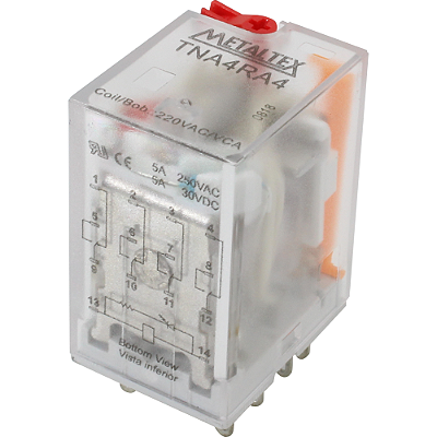 TNA4RA4 RELÉ SUBMINIATURA 4 CONTATOS REVERSÍVEIS 220VCA 5A TERMINAIS SOLDA FIO I12925 METALTEX