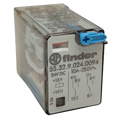 55.32.9.024.0094 MINI RELÉ INDUSTRIAL FIXA BASE 2REV 24 VDC COM LED FINDER