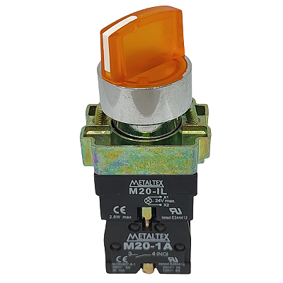 M20ICR2-Y7-1A CHAVE SELETORA METÁLICO ILUMINADA KNOB CURTO 2 POSIÇÕES FIXAS 90G AMARELO 24V 1NA I23367 METALTEX