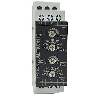 RTT-20,22,24,26-440VCA RELÉ DE TENSÃO TRIFÁSICA COM RETORNO AJUSTÁVEL 0-60S LIGA / 0-30S DESLIGA 1 SPDT ALTRONIC