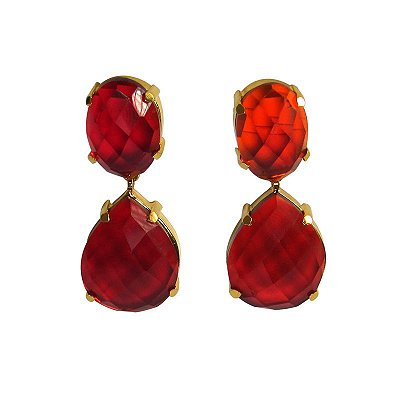 Brinco Duas Pedras Lapidado - Vidro Vermelho