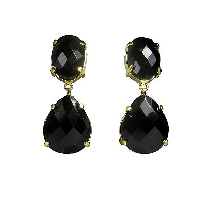 Brinco Duas Pedras Lapidado - Obsidiana Negra