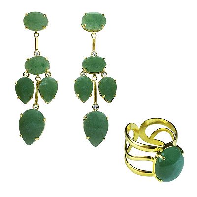 Conjunto Anel Bracelete Regulável e Brinco Cinco Pedras - Quartzo Verde