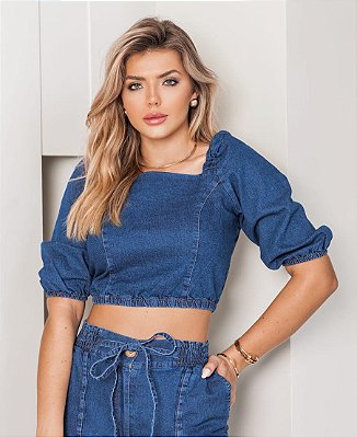 Blusa cropped jeans decote quadrado