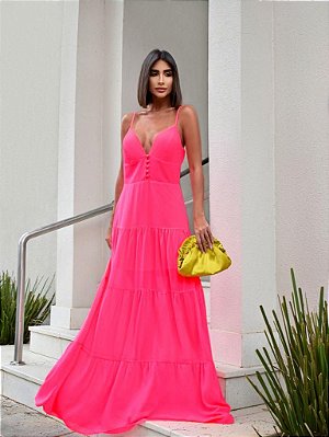 Vestido longo de alcinhas - rosa neon