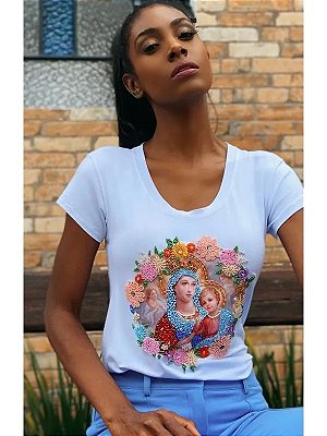 Tshirt plus size bordada a mão - Nossa Senhora das Flores - do tamanho P ao G5