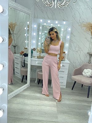 Calça wide leg com elástico na cintura e fendinha - Rosa bebê