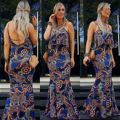 Vestido longo sereia estampa mega linda azul floral