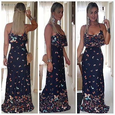 Vestido longo babado azul marinho