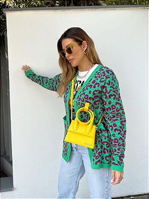 Cardigan em tricot animal print verde