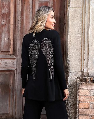 Cardigan preto com aplicação de cristais asa angel