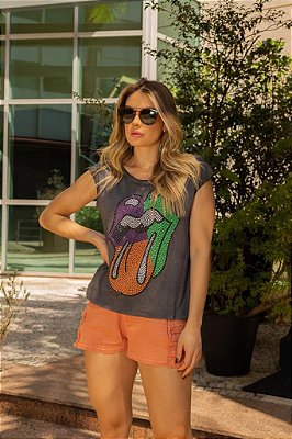 Tshirt estonada com aplicação de pedraria - rock Stones 3 cores