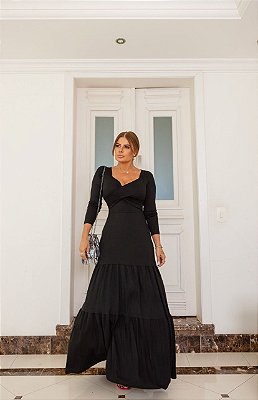 Vestido longo em viscolycra com decote transpassado - Preto