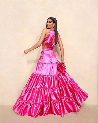 Vestido de festa longo cetim com saia ampla - Pink