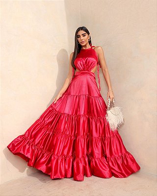 Vestido de festa longo cetim com saia ampla - Vermelho