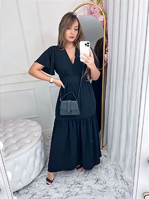 Vestido longo em crepe duna - preto