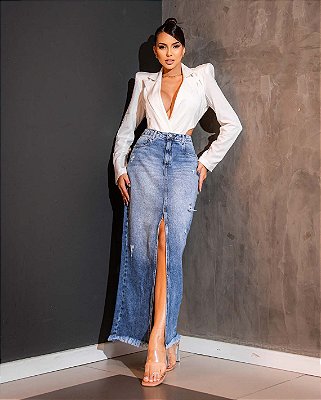 Saia longa jeans feminina cintura alta