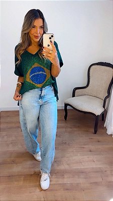 Blusa verde com cristais cravejados bandeira do Brasil - tamanho único 36 ao 46