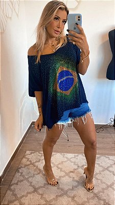 Blusa azul marinho ampla com cristais cravejados bandeira do Brasil -  tamanho único 36 ao 46