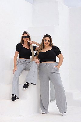 Calça pantalona com bolso em moletinho na cor cinza mescla - Nanda