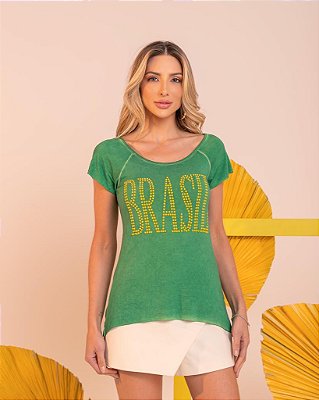 Tshirt estonada com aplicação em cristais - Brasil amarela