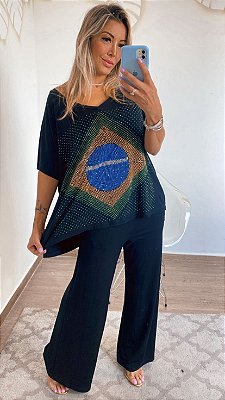 Blusa túnica azul marinho ampla com cristais cravejados bandeira do Brasil